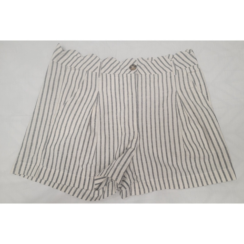 Mi Ami Striped Scalloped High Rise Shorts Women Size L White Navy Linen Blend